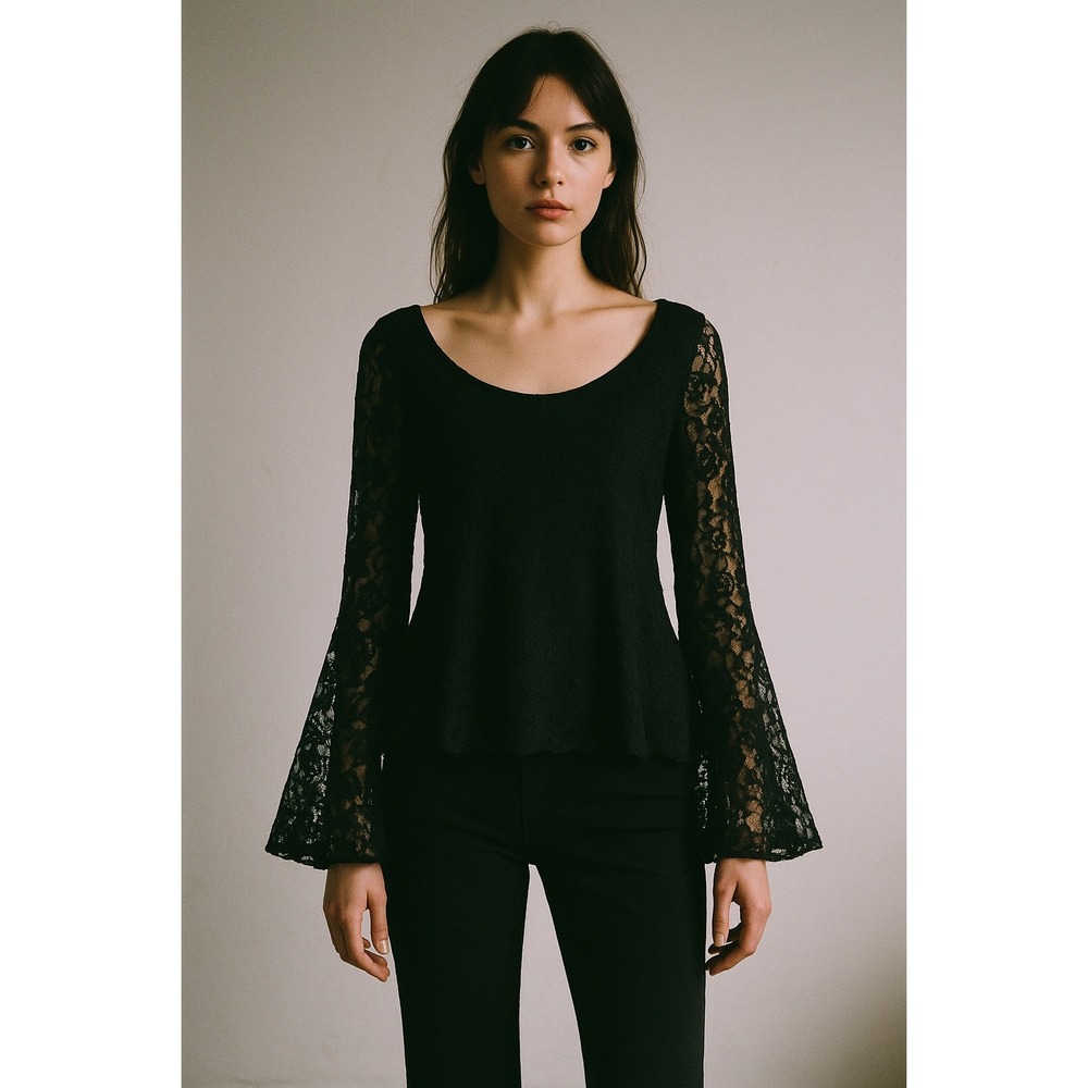 Slinky USA Vtg Stretchy Tunic Top Black Lace Witchy Flare Sleeves 2X